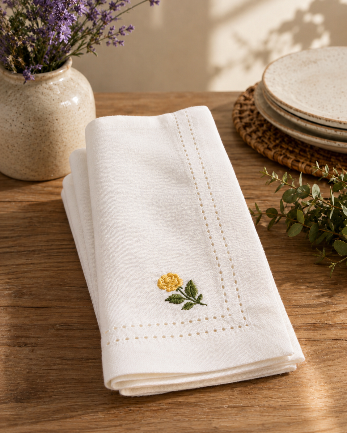 Yellow Rose Embroidered Hemstitch Cotton Napkin – White