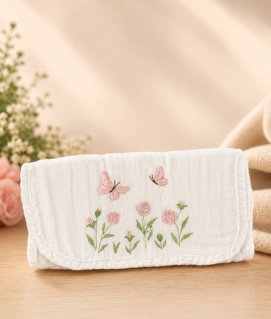 Tulip Garden With Butterflies Muslin Burp Cloth