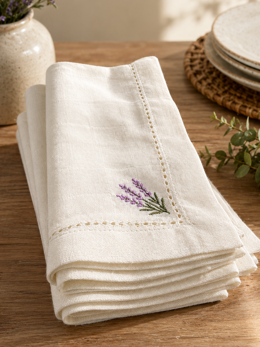 Lavender Embroidered Hemstitch Cotton Napkin – Ivory