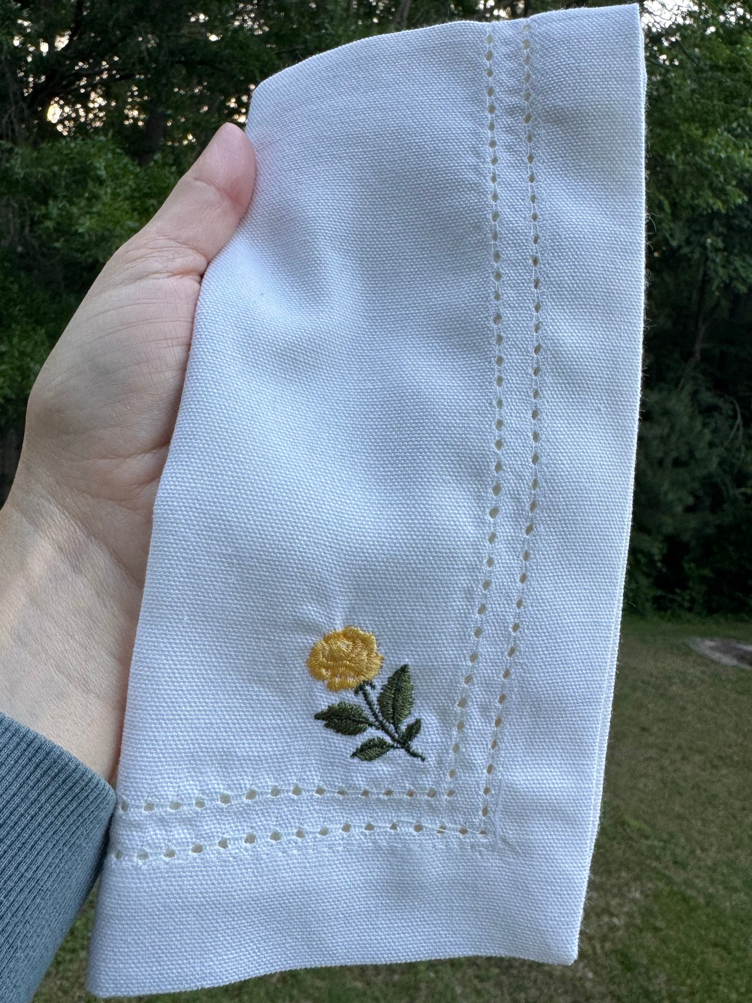 Yellow Rose Embroidered Hemstitch Cotton Napkin – White