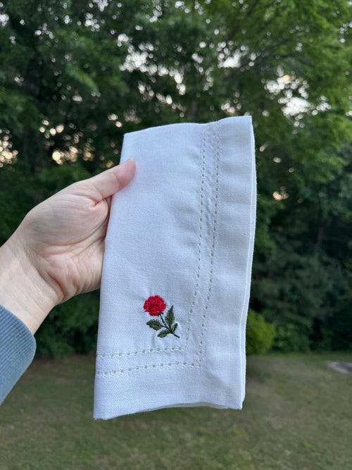 Rose Embroidered Hemstitch Cotton Napkin – White