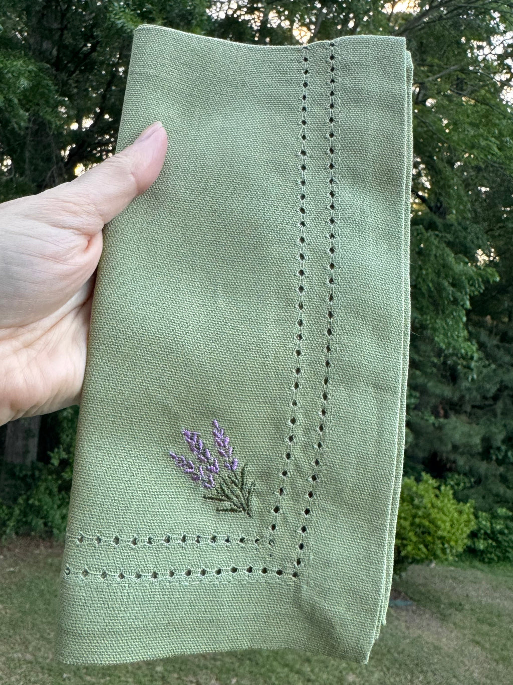 Lavender Embroidered Hemstitch Cotton Napkin – Sage Green