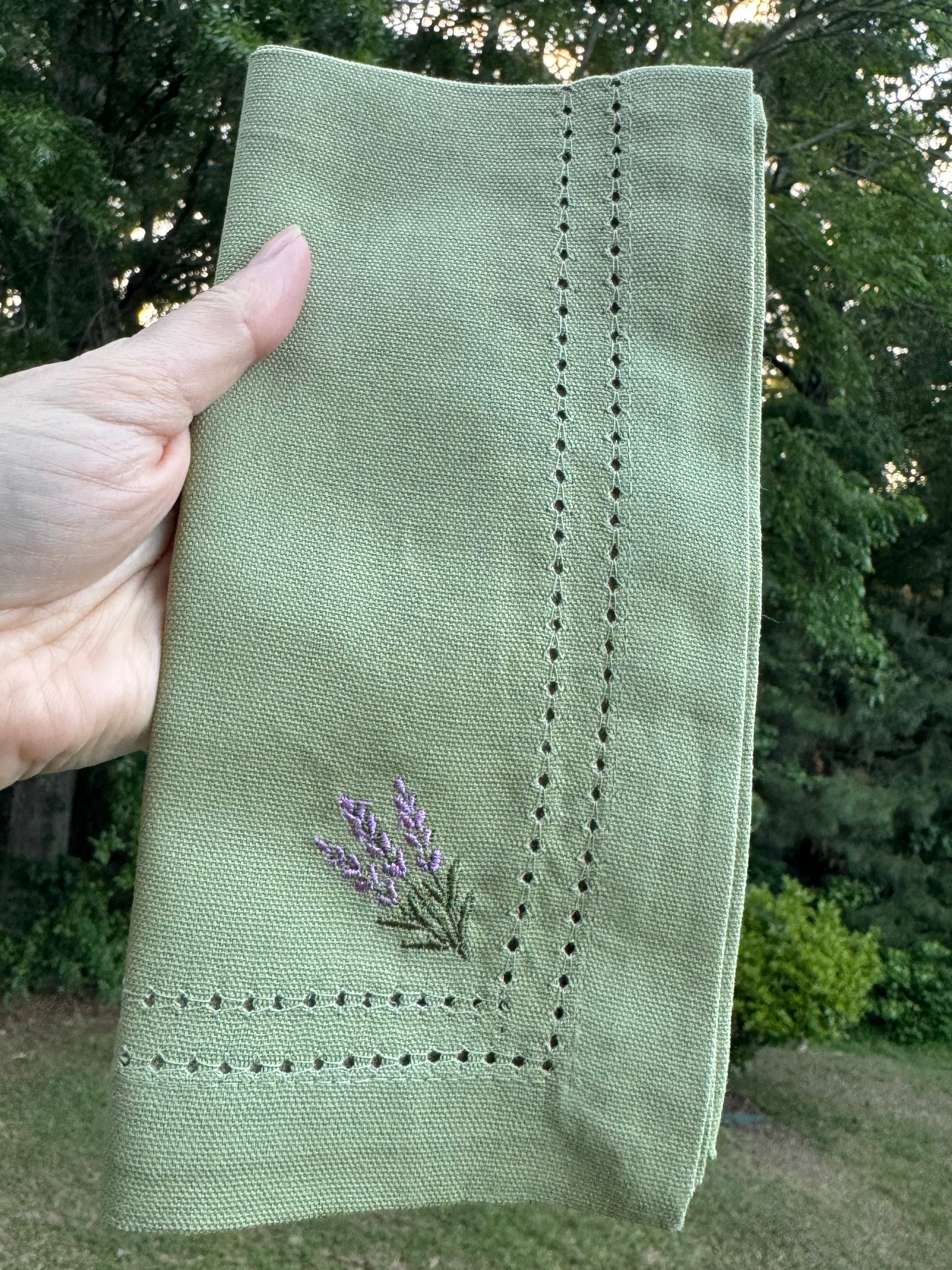 Lavender Embroidered Hemstitch Cotton Napkin – Sage Green