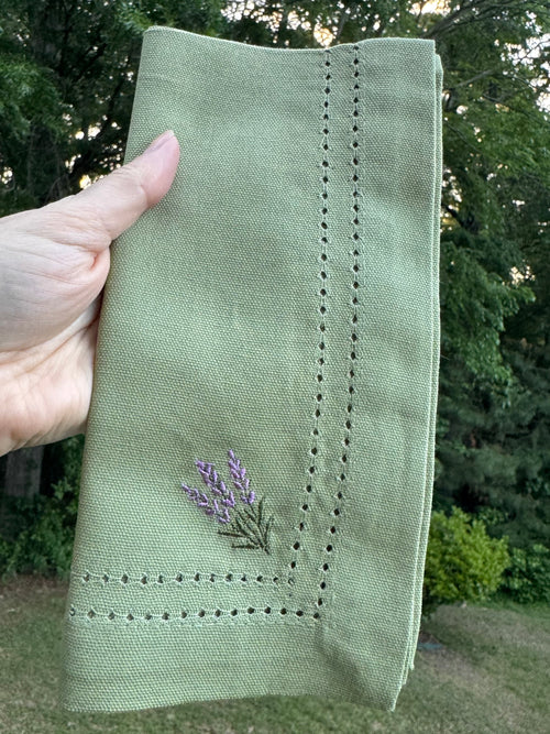 Lavender Embroidered Hemstitch Cotton Napkin – Sage Green