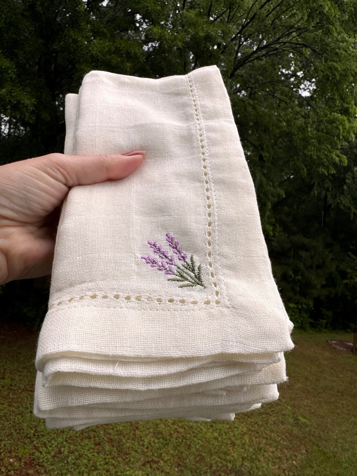 Lavender Embroidered Hemstitch Cotton Napkin – Ivory