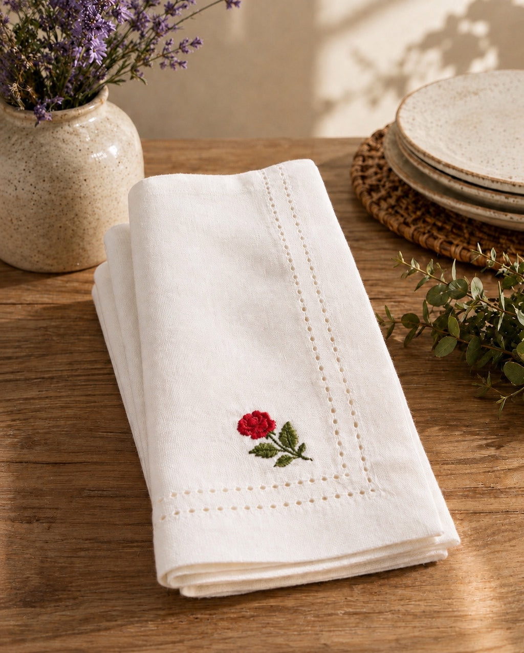 Rose Embroidered Hemstitch Cotton Napkin – White