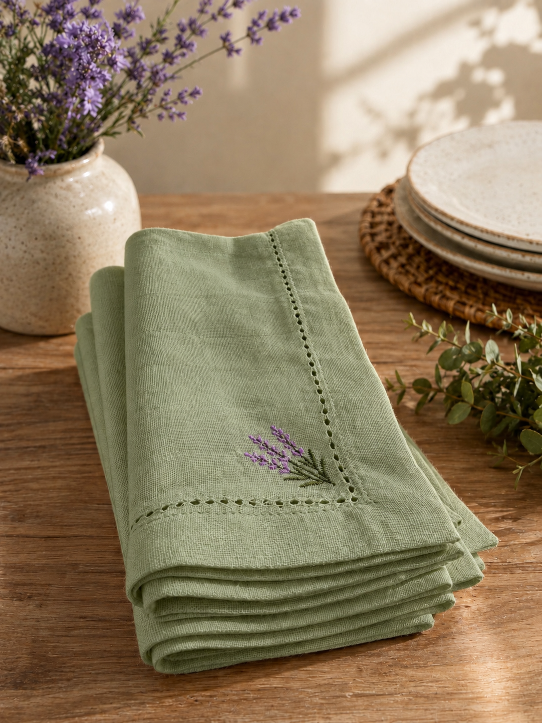 Lavender Embroidered Hemstitch Cotton Napkin – Sage Green
